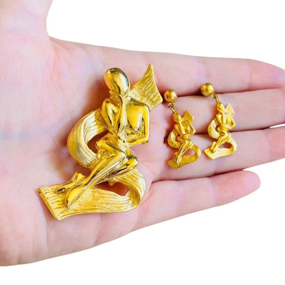 VTG Modernist Lady Ribbon Pin Brooch Earrings Set 18k Gold Plated MCM Abstract